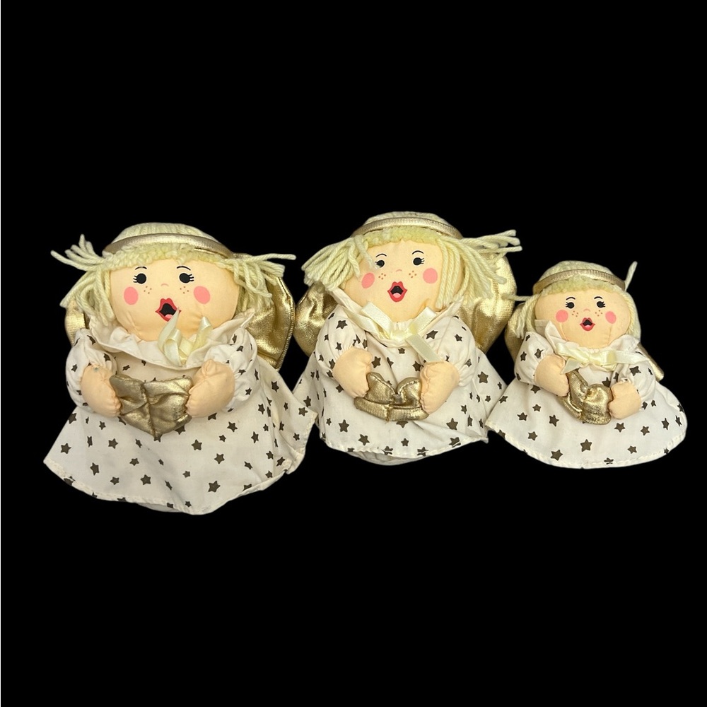 Vintage Lillian Vernon Three 3 Angel Dolls Choir Christmas plush Dolls Gold LN